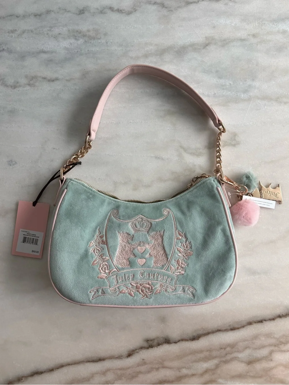Juicy Couture NWT New Love Chapter Velour Shoulder Bag Frosty Green Pink Y2K